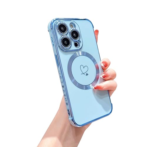 Hosgor Kompatibel mit iPhone 15 Pro Max Hülle 2023, Cute Haert Cover Kompatibel mit MagSafe Hülle Luxus Plating Design Weiche TPU Stoßfeste Kante Handyhülle Kompatibel mit iPhone 15 Pro Max (Blau) von Hosgor