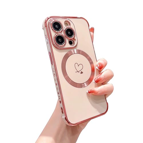 Hosgor Kompatibel mit iPhone 15 Pro Max Hülle für Frauen 2023, Luxus Liebe Herz Muster Plating Cover, Kompatibel mit MagSafe Weiches TPU Stoßfest Kompatibel mit iPhone 15 Pro Max Hülle 5G (Rosa) von Hosgor