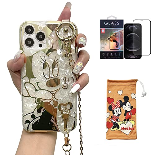 Hosiss Cartoon Case for iPhone 15 Pro 6.1 inch with HD Screen Protector, Minnie Mouse with Wrist Strap Kickstand Metal Chain Strap Soft TPU Shockproof Protective for Girls Women von Hosiss