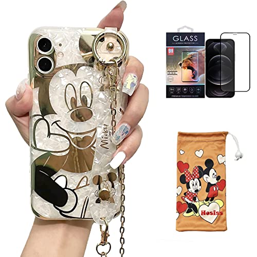 Hosiss Cartoon Hülle für iPhone 11 6,1 Zoll mit HD Displayschutzfolie, Mickey Mouse mit Handgelenkschlaufe Kickstand Metallkette Gurt Weiches TPU Stoßfest Schutz für Mädchen Frauen von Hosiss