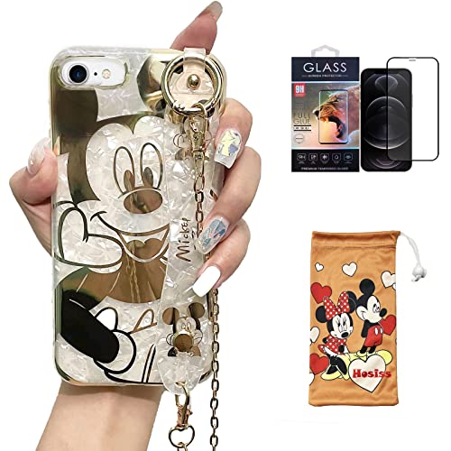 Hosiss Cartoon-Schutzhülle für iPhone 7/8/SE, 11,9 cm (4,7 Zoll), mit HD-Displayschutzfolie, Micky Maus mit Handschlaufe, Ständer, Metallkettenriemen, weiches TPU, stoßfest, für Mädchen und Frauen von Hosiss