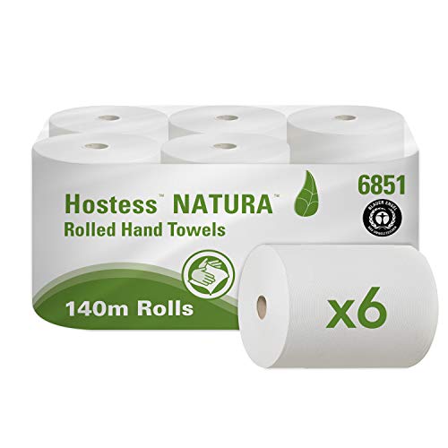 Hostess NATURA Papierhandtücher aus 100 % Recyclingmaterial 6851 – 2-lagige Rollenhandtücher – 6 x 140 m Papierhandtücher in Rollen (840 m gesamt) von Hostess