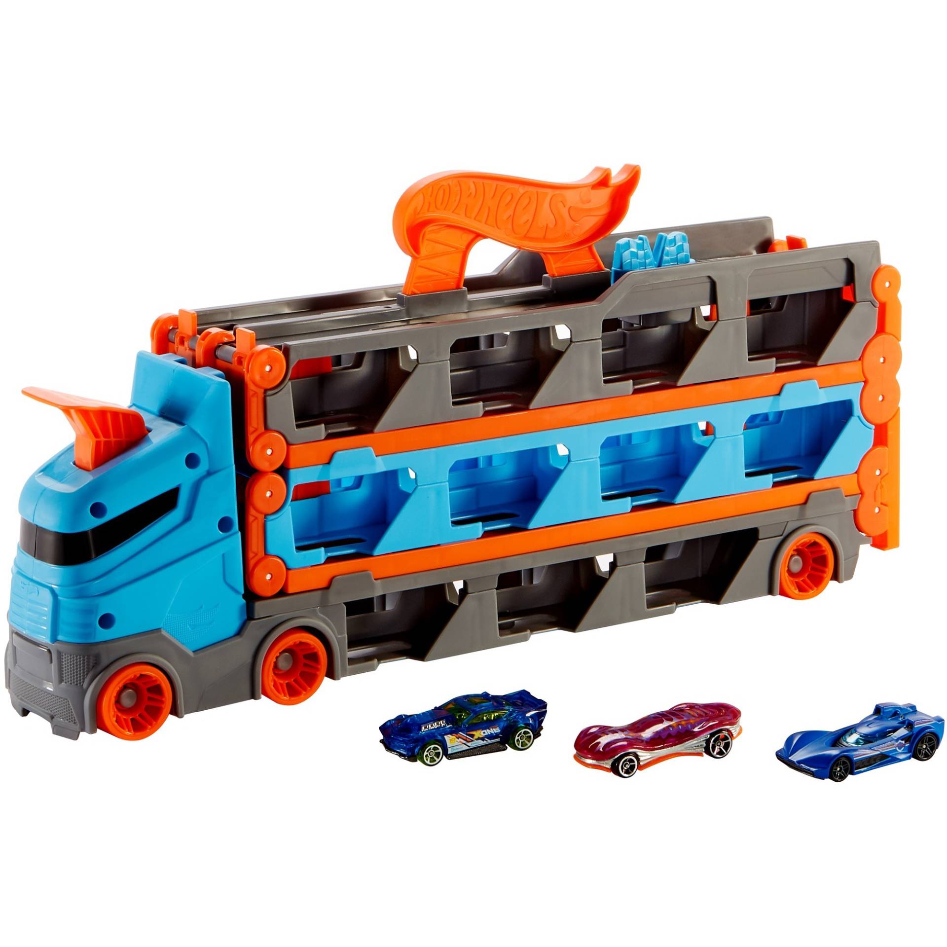 2-in-1 Rennbahn-Transporter mit 3 Fahrzeugen im Maßstab 1:64, Spielfahrzeug 2-in-1 Rennbahn-Transporter mit 3 Fahrzeugen im Maßstab 1:64, Spielfahrzeug von Hot Wheels