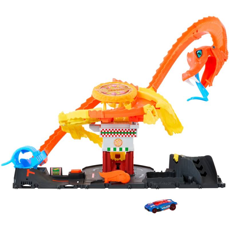 City Pizza-Kobra-Angriff-Spielset mit Spielzeugauto im Maßstab 1:64, Rennbahn von Hot Wheels