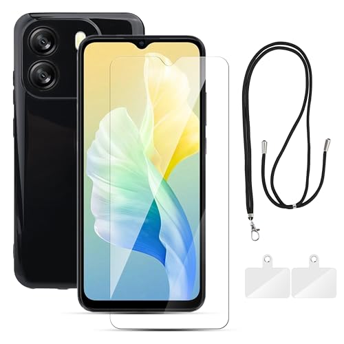 Handyhülle für Blackview Oscal Flat 1C, Hautfreundliches TPU Absturz- und Kratzschutz, Schutzhülle Tasche für Blackview Oscal Flat 1C mit HD Tempered Glas Schutzfolie und Handy Lanyard - (Schwarz) von Houjunor