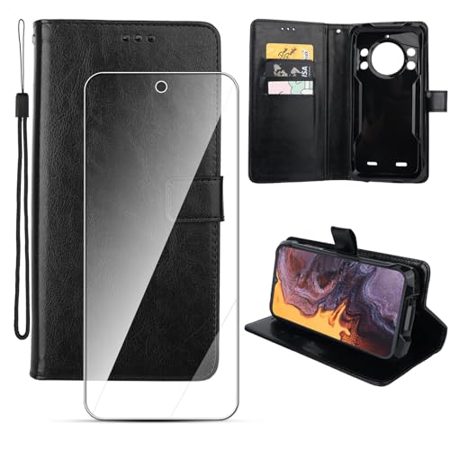 Houjunor Hülle Leder für Cubot Kingkong 9, Handyhülle Flip-Lederhülle mit Magnetverschluss Stoßfest Kartenfächern Standfunktion für Cubot Kingkong 9 (Schwarz), mit 1 Stück HD Tempered Glas Schutzfolie von Houjunor