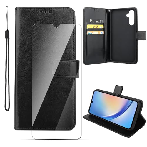 Houjunor Hülle Leder für Samsung Galaxy A34, Handyhülle Flip-Lederhülle mit Magnetverschluss Stoßfest Kartenfächern Standfunktion für Samsung Galaxy A34 (Schwarz) +1 Stück HD Tempered Glas Schutzfolie von Houjunor