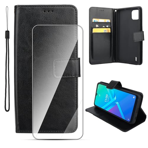 Houjunor Hülle Leder für Wiko Y82, Handyhülle Flip-Lederhülle mit Magnetverschluss Stoßfest Kartenfächern und Standfunktion für Wiko Y82 (Schwarz), mit 1 Stück HD Tempered Glas Schutzfolie von Houjunor