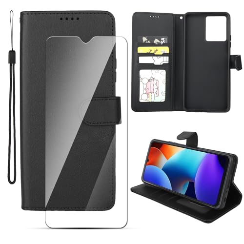 Hülle Leder für Blackview Color 8, Handyhülle Flip-Lederhülle mit Magnetverschluss Stoßfest Kartenfächern und Standfunktion für Blackview Color 8 (Schwarz), mit 1 Stück HD Tempered Glas Schutzfolie von Houjunor