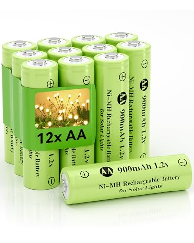 Howardly 1,2 V AA Ni-MH wiederaufladbare Batterie, Double A 900 mAh 1,2 V wiederaufladbarer Akku, vorgeladen, hohe Kapazität für Solarleuchten im Freien, Rasenlampen, Lichterkette (AA-900 mAh, 12 von Howardly