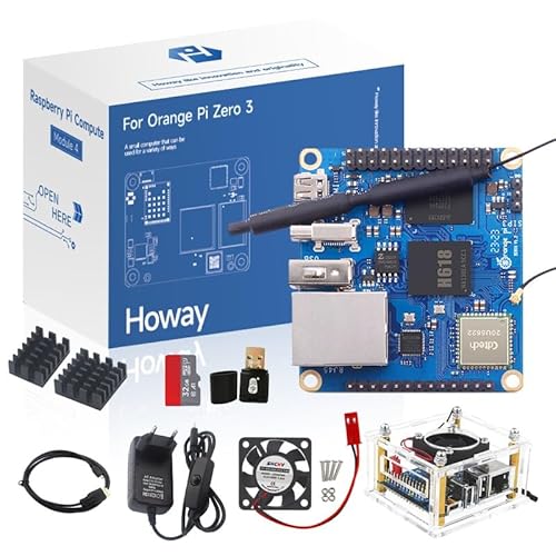 for Orange Pi Zero 3 4GB/2/1.5/1GB Single Board Computer with Case Acrylic, Cooling Fan, Power Supply, Heatsinks, 32GB Card, Card Reader, Micro HDMI Cable Kit for Orange Pi Zero 3 Accessories (4GB) von Howay