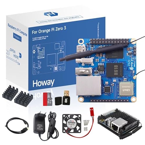 for Orange Pi Zero 3 4GB/2/1.5/1GB Single Board Computer with Case Aluminum, Cooling Fan, Power Supply, Heatsinks, 32GB Card, Card Reader, Micro HDMI Cable Kit for Orange Pi Zero 3 Accessories (4GB) von Howay