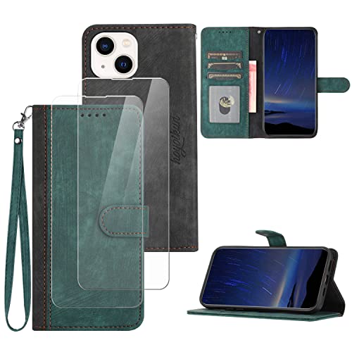 Hoyoikun Handyhülle Kompatibel Mit iPhone 15,[Verschenke 2 Stück Full Screen Schutzfolie],Premium PU Leder Flip Case,Magnetverschluss,Standfunktion, Kartenschlitz-Grün von Hoyoikun