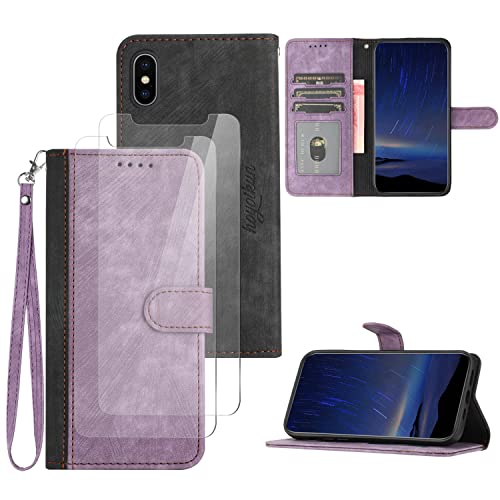 Hoyoikun Handyhülle Kompatibel Mit iPhone X/XS,[Verschenke 2 Stück Full Screen Schutzfolie],Premium PU Leder Flip Case,Magnetverschluss,Standfunktion, Kartenschlitz-Lila von Hoyoikun