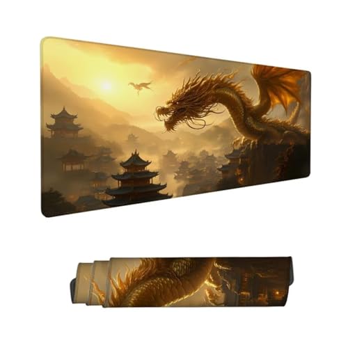 Gaming Mauspad XXL,Mauspad Gelb Mousepad 700x400x3mm,Schreibtischunterlage Drachen Mousepad,Wasserdicht Anti-Rutsch Mouse Pad,Verbessert Präzision und Geschwindigkeit,Gaming-Mauspads für PC Hs-78 von Hsqpoobd