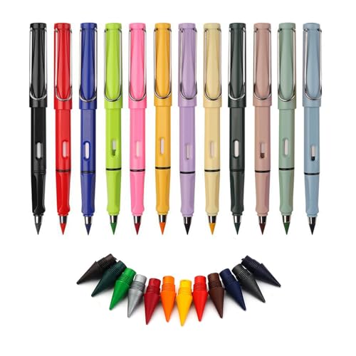 12 Stück Ewiger Bleistift Buntstifte, mit 12 Ersatzspitzen, Wiederverwendbar Unendlicher Bleistift, Unbegrenztes Schreiben auswechselbarem Graphitstift, für Studentisches Künstlerzeichnen Schreiben von Hsupez