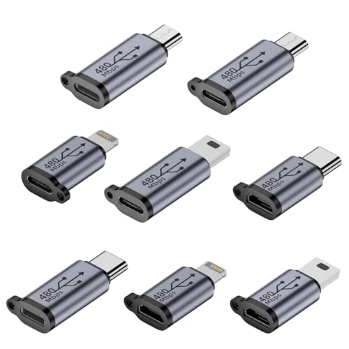 Hsupez 8 Stück Lightning auf USB C Adapter, USB C Adapter, Micro USB Adapter, Mini USB Adapter, Female to Male USB 2.0 für Navi, die Aktioncam zum Einsatz, Smartphone von Hsupez