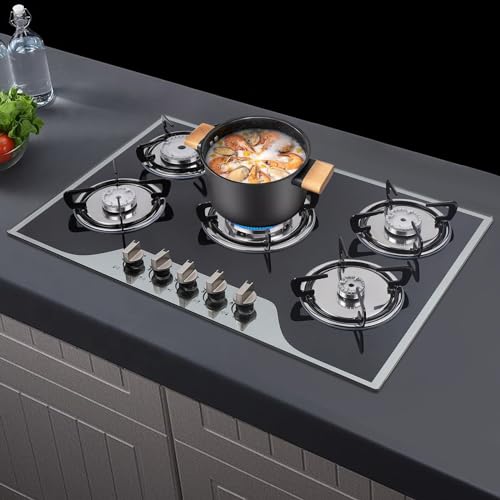 HuKaiL Gasherd 5 Flammig, Einbau-Gaskochfeld 5 Flammen Einstellbare mit 7mm Gehärtetes Glas, Gas Stove Gaskocher Innenbereich für LPG/NG Gas, 77 * 51 * 15cm von HuKaiL