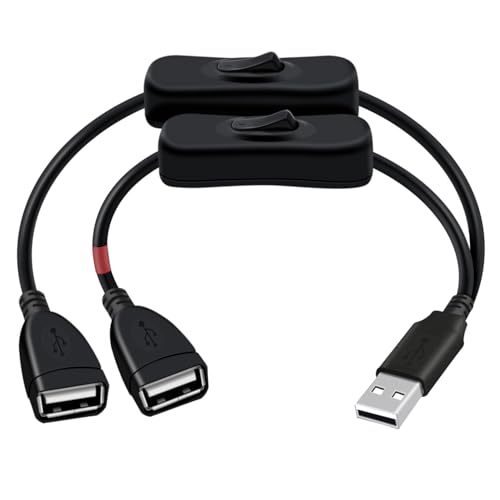 HuaLiSiJi USB Splitter 1 zu 2 mit Schalter USB A 2.0 Kabel Stecker auf 2 Buchse Eine Unterstützt Datenübertragung, die Andere Nur Stromversorgung (Schwarz, 0.3 m) von HuaLiSiJi