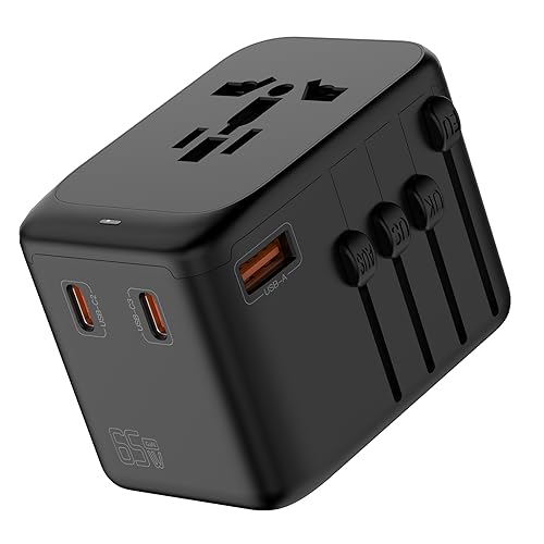 Huafeliz Universeller Reiseadapter, GaN-Ladegerät 65 W, internationaler Steckeradapter mit 3 USB-C PD und 1 USB-A QC, Reiseladegerät mit weltweitem US/EU/UK/AU-Steckeradapter von Huafeliz