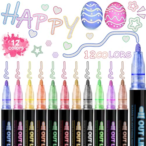 Outline Stift Set,12 Farben,Acrylstifte,Double Line Outline Pen,Glasmalstifte,Outline Marker Glitzerstifte,Doppelte Linie Stift,Linien Outline Marker,DIY Geschenkkarte Schreiben Zeichnen Sifte von Huahuanghui