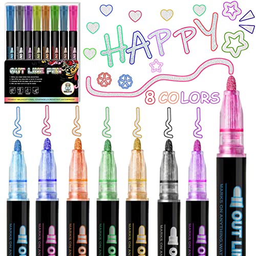 Outline Stift Set,8 Farben,Acrylstifte,Double Line Outline Pen,Glasmalstifte,Outline Marker Glitzerstifte,Doppelte Linie Stift,Linien Outline Marker,DIY Geschenkkarte Schreiben Zeichnen Sifte von Huahuanghui