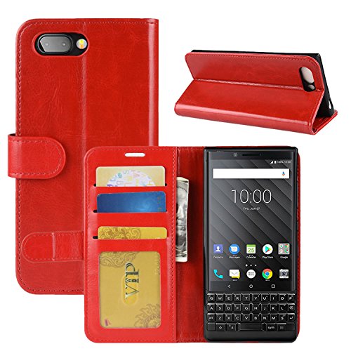 HualuBro BlackBerry KEY2 Hülle, Retro PU Leder Leather Wallet HandyHülle Tasche Schutzhülle Flip Case Cover mit Karten Slot für BlackBerry Key 2 Smartphone - Rot von HualuBro