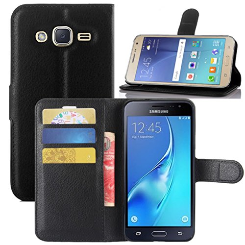 HualuBro Galaxy J3 2016 Hülle, Premium PU Leder Leather Wallet HandyHülle Tasche Schutzhülle Flip Case Cover für Samsung Galaxy J3 2016 / J3 (2016) Duos / J3 2015 Smartphone (Schwarz) von HualuBro