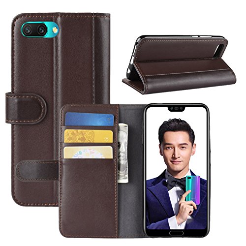 HualuBro Honor 10 Hülle, Echt Leder Leather Wallet HandyHülle Tasche Schutzhülle Flip Case Cover mit Karten Slot für Huawei Honor 10 Smartphone (Braun) von HualuBro