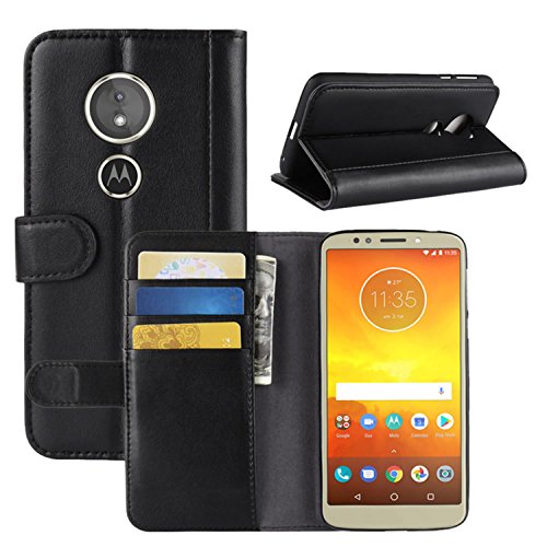 HualuBro Moto E5 Hülle, Echt Leder Leather Wallet HandyHülle Tasche Schutzhülle Flip Case Cover für Motorola Moto E5 / Moto E (5th Gen.) Smartphone (Schwarz) von HualuBro