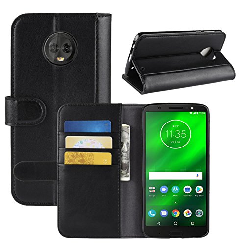 HualuBro Moto G6 Plus Hülle, Echt Leder Leather Wallet HandyHülle Tasche Schutzhülle Flip Case Cover für Motorola Moto G6 Plus Smartphone (Schwarz) von HualuBro