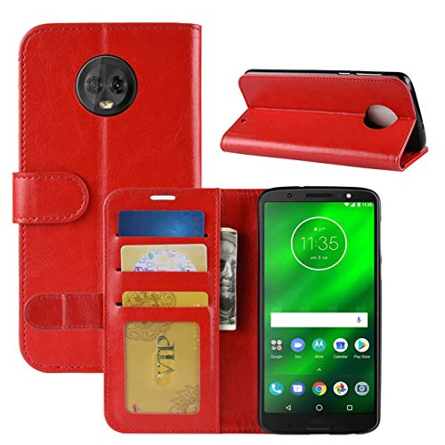 HualuBro Moto G6 Plus Hülle, Retro PU Leder Leather Wallet HandyHülle Tasche Schutzhülle Flip Case Cover für Motorola Moto G6 Plus Smartphone - Rot von HualuBro
