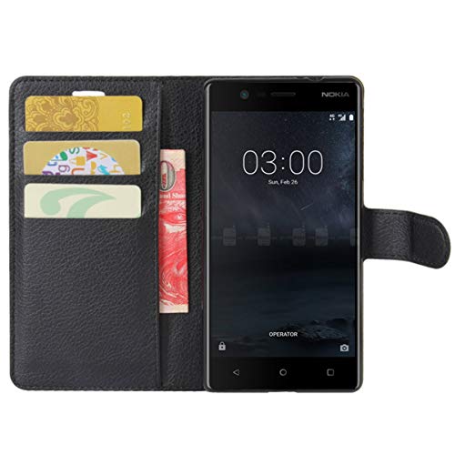 HualuBro Nokia 3 Hülle, Premium PU Leder Leather Wallet HandyHülle Tasche Schutzhülle Flip Case Cover für Nokia 3 2017 Smartphone (Schwarz) von HualuBro