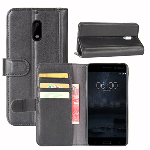 HualuBro Nokia 6 Hülle, Echt Leder Leather Wallet Handy Tasche Schutzhülle Case Flip Cover mit Karten Slot für Nokia 6 2017 Smartphone (Schwarz) von HualuBro