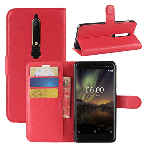 HualuBro Nokia 6.1 Hülle, Leder Brieftasche Etui LederHülle Tasche Schutzhülle HandyHülle [Standfunktion] Leather Wallet Flip Case Cover für Nokia 6.1 / Nokia 6 2018 (Rot) von HualuBro