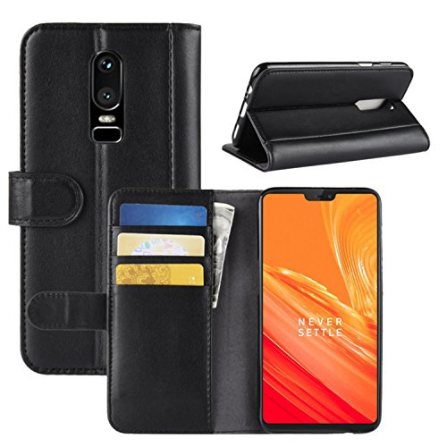 HualuBro OnePlus 6 Hülle, Echt Leder Leather Wallet HandyHülle Tasche Schutzhülle Flip Case Cover mit Karten Slot für OnePlus6 2018 Smartphone (Schwarz) von HualuBro
