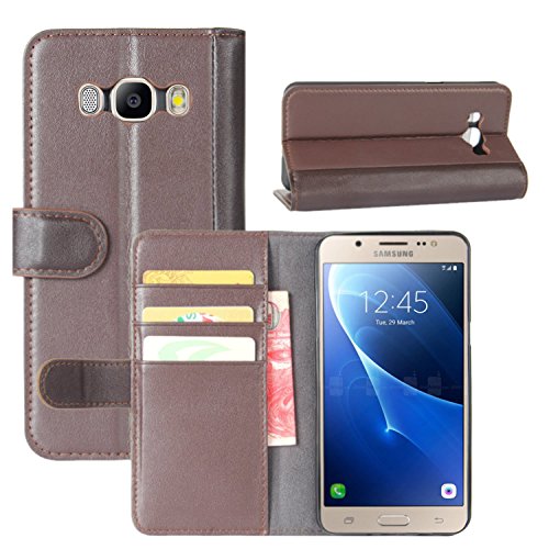 HualuBro Samsung Galaxy J5 2016 Hülle, Echt Leder Leather Wallet HandyHülle Tasche Schutzhülle Flip Case Cover mit Karten Slot für Samsung Galaxy J5 DUOS (2016) Smartphone (Braun) von HualuBro