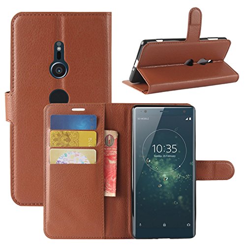 HualuBro Sony Xperia XZ2 Hülle, Premium PU Leder Leather Wallet HandyHülle Tasche Schutzhülle Flip Case Cover mit Karten Slot für Sony Xperia XZ2 Smartphone (Braun) von HualuBro