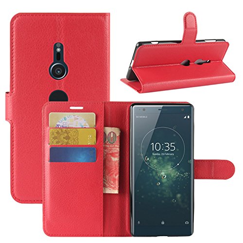 HualuBro Sony Xperia XZ2 Hülle, Premium PU Leder Leather Wallet HandyHülle Tasche Schutzhülle Flip Case Cover mit Karten Slot für Sony Xperia XZ2 Smartphone (Rot) von HualuBro