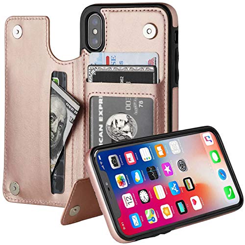 HualuBro iPhone X Hülle, iPhone XS Hülle, Leder Brieftasche Etui LederHülle Tasche Schutzhülle HandyHülle [Standfunktion] Handytasche Leather Flip Case Cover für iPhone XS/X (Rose Gold) von HualuBro