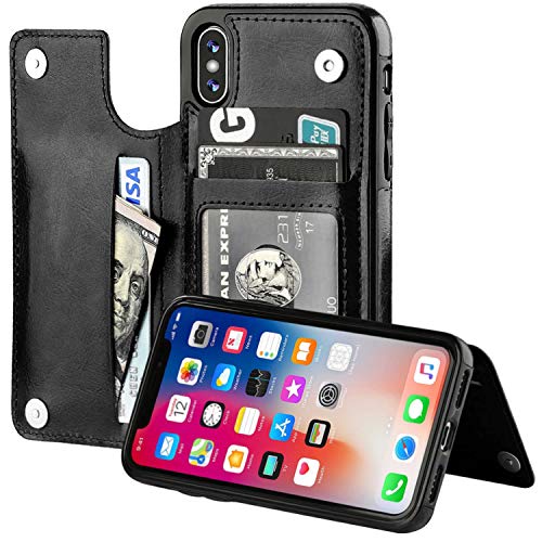 HualuBro iPhone X Hülle, iPhone XS Hülle, Leder Brieftasche Etui LederHülle Tasche Schutzhülle HandyHülle [Standfunktion] Handytasche Leather Flip Case Cover für iPhone XS/X (Schwarz) von HualuBro