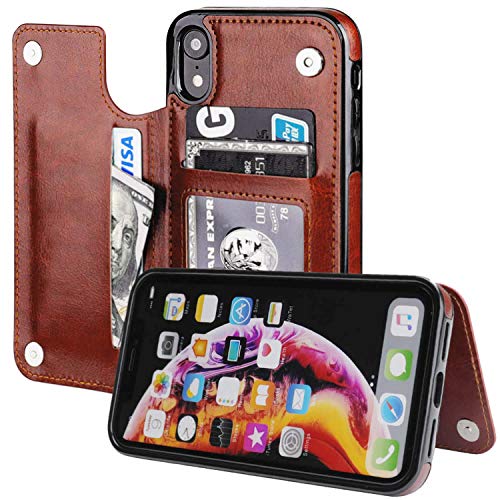 HualuBro iPhone XR Hülle, Leder Brieftasche Etui LederHülle Tasche Schutzhülle HandyHülle [Standfunktion] Handytasche Leather Wallet Flip Case Cover für Apple iPhone XR (Braun) von HualuBro