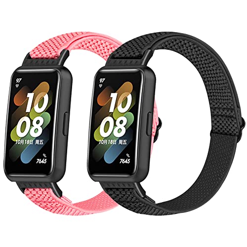 Huamanlou 2 Stück Elastisch Armband Kompatibel mit Huawei Band 7/Huawei Band 7 NFC, Nylon Verstellbarer Ersatzarmband Armbänder Sport Uhrenarmband Damen Herren von Huamanlou