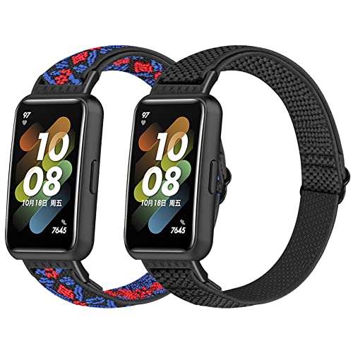 Huamanlou 2 Stück Elastisch Armband Kompatibel mit Huawei Band 7/Huawei Band 7 NFC, Nylon Verstellbarer Ersatzarmband Armbänder Sport Uhrenarmband Damen Herren von Huamanlou