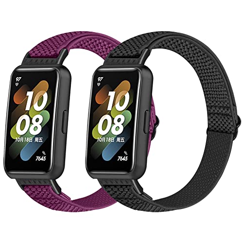 Huamanlou 2 Stück Elastisch Armband Kompatibel mit Huawei Band 7/Huawei Band 7 NFC, Nylon Verstellbarer Ersatzarmband Armbänder Sport Uhrenarmband Damen Herren von Huamanlou
