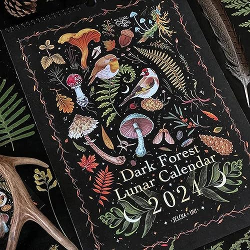 Dark 2024 Mondkalender – Bunte Waterink-Wandkalender Mit 12 Illustrationen | Wasserdichter Kalender Mit Geheimnisvollen Tieren, Kunstdekoration (11,8" X 8,2") von Huasean