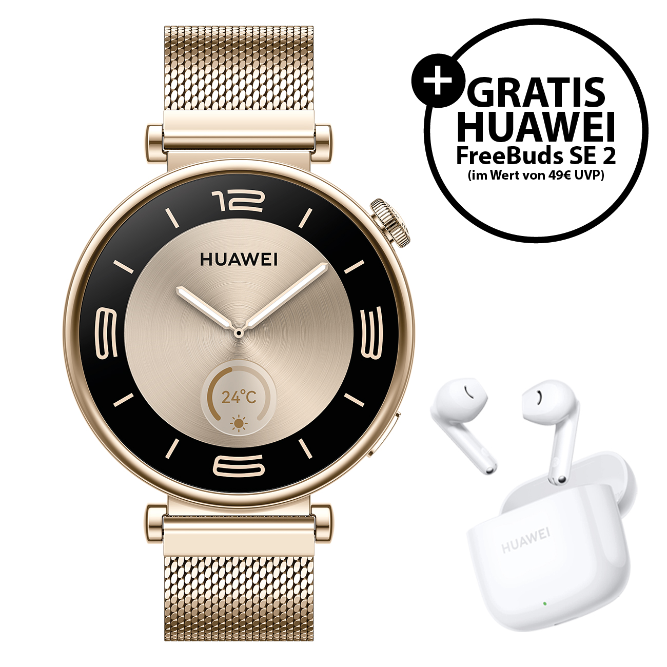 HUAWEI WATCH GT4 41mm Gold + FreeBuds SE 2 | Smartwatch | 41mm / 1.32 Zoll | 466 x 466 AMOLED Display | 5 ATM Wasserdichtigkeit | IP68-Zertifizierung | BT, NFC, GPS von Huawei