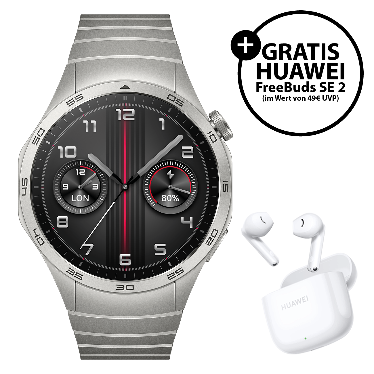 HUAWEI WATCH GT4 46mm Silber + FreeBuds SE 2 | Smartwatch | 46mm / 1.43 Zoll | 5 ATM Wasserbest?ndigkeit | IP68-Zertifiziert | Bluetooth, NFC, GPS von Huawei