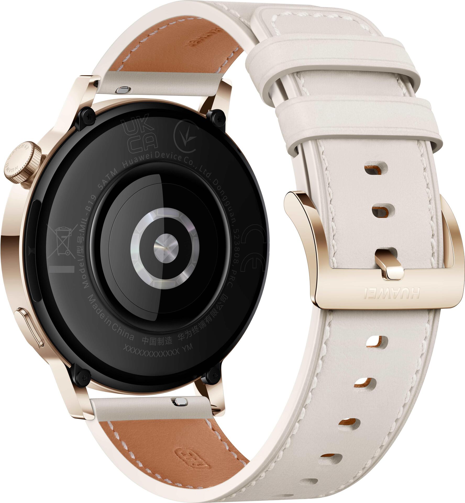 Huawei Watch GT 3 - Elegant Edition - 42 mm - Gold, Edelstahl - intelligente Uhr mit Riemen - Leder - weiß - Handgelenkgröße: 130-190 mm - Anzeige 3.4 cm (1.32) - 4 GB - Bluetooth - 35 g von Huawei