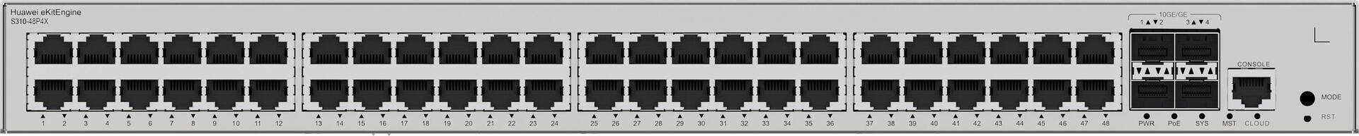 Huawei eKit Switch S310-48P4X - Diese Serie von Ethernet-Switches - basierend auf hochleistungsf�higer Hardware der neuen Generation - kann in SOHO-Szenarien sowie f�r den Netzwerkzugang und die Aggregation in Unternehmenscampusnetzen eingesetzt werden. > Produkttyp- Switch- ear-Kategorie (ElektroG): relevant - Kategorie 6: kleine Ger�te der IT- und TK-Technik - Kleine Ger�te der IT- und TK-Technik B2C> Spezifikationen- L�fter integriert- Switch-Art: Access> Anschl�sse- Bandbreite: 10/100/1000 MBit/s- Konsolenport- Hauptporttyp: Kupfer> Funktionen- Switch managebar: Ja- Montageart: 19" Rackmontage - Desktop- IGMP> Stromversorgung- Netzteil: integriert> Grundeigenschaften- Farbe: Grau- H�he: 43.6 mm- L�nge/Tiefe: 220 mm- Breite: 442 mm (98012385) von Huawei